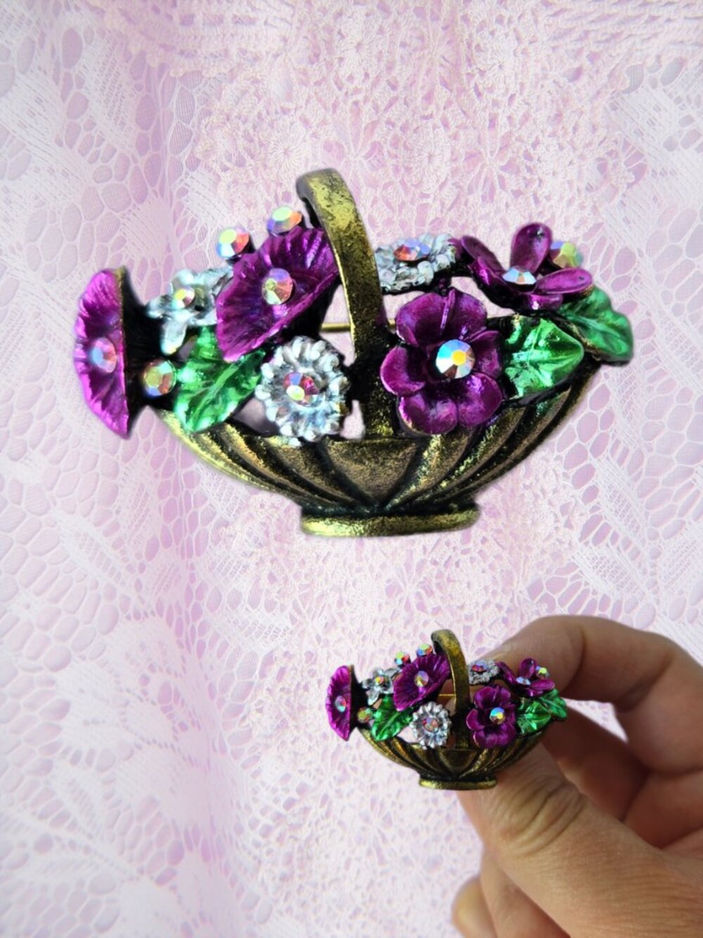 Purple & Lavender Flower and Crystal Basket Brooch Brass Style Romantic Cottage